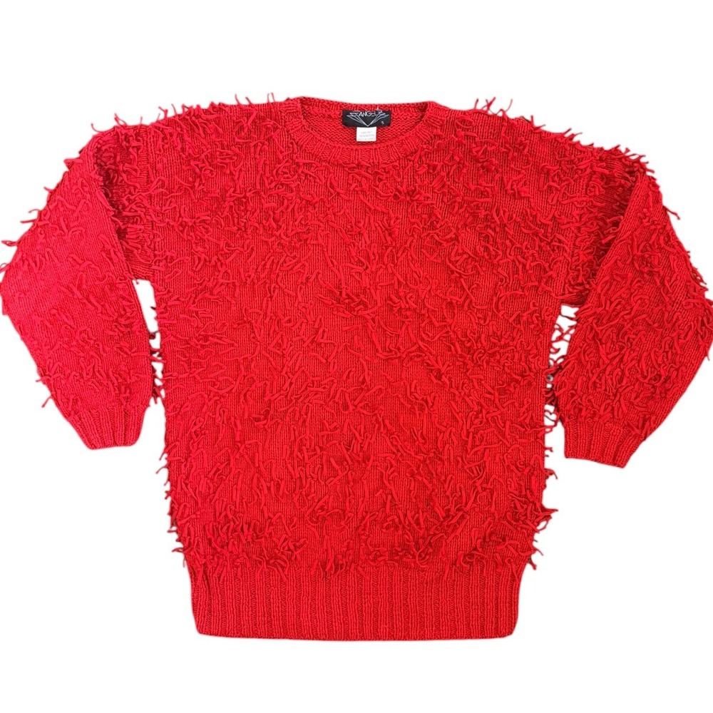 Vintage Angel Hand Knit 100% Cotton Shaggy Fringe Sweater Red Size S